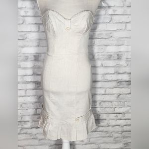 Betsey Johnson White Pinstripe Pleated Pin Up Retro Strapless Mini Dress